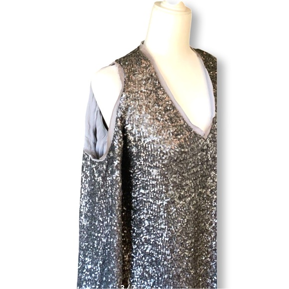 [ AVEC LES FILLES ] Silver Sequin Cold Shoulder A-Line Mini Dress : S : Like New - Picture 4 of 5